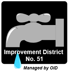A gray faucet image with text "Improvement District No. 51," a blue water droplet, and "Managed by OID" below.