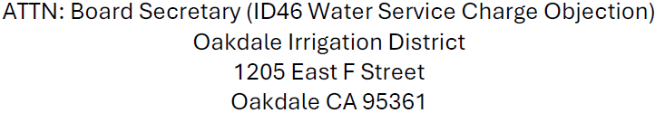 Address for Oakdale Irrigation District Board Secretary regarding water service charge objection.