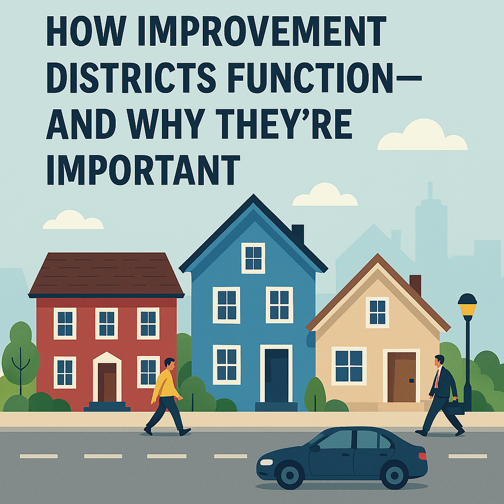 The image features a title about the function and importance of improvement districts, accompanied by illustrations of houses and pedestrians.