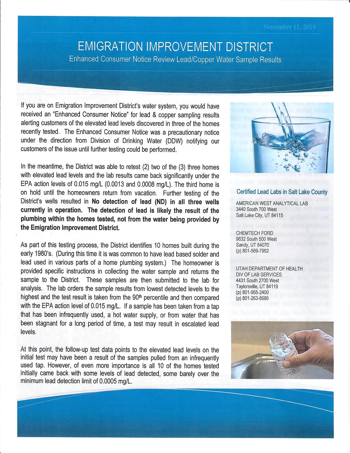 The notice informs about elevated lead levels in water from some homes in the Emigration Improvement District and retesting results.