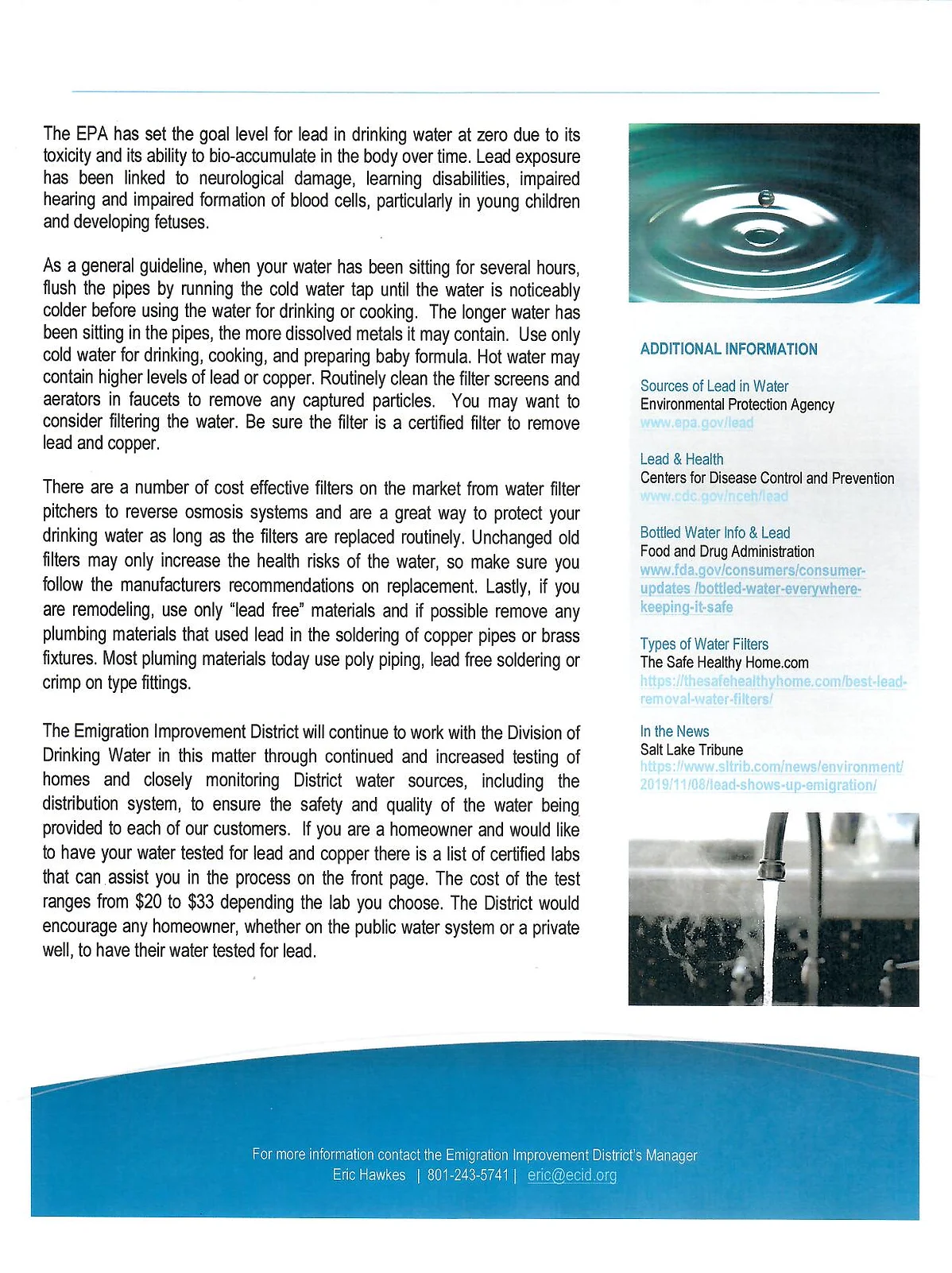 The image discusses lead in drinking water, safety guidelines, filtering options, and testing recommendations for homeowners.