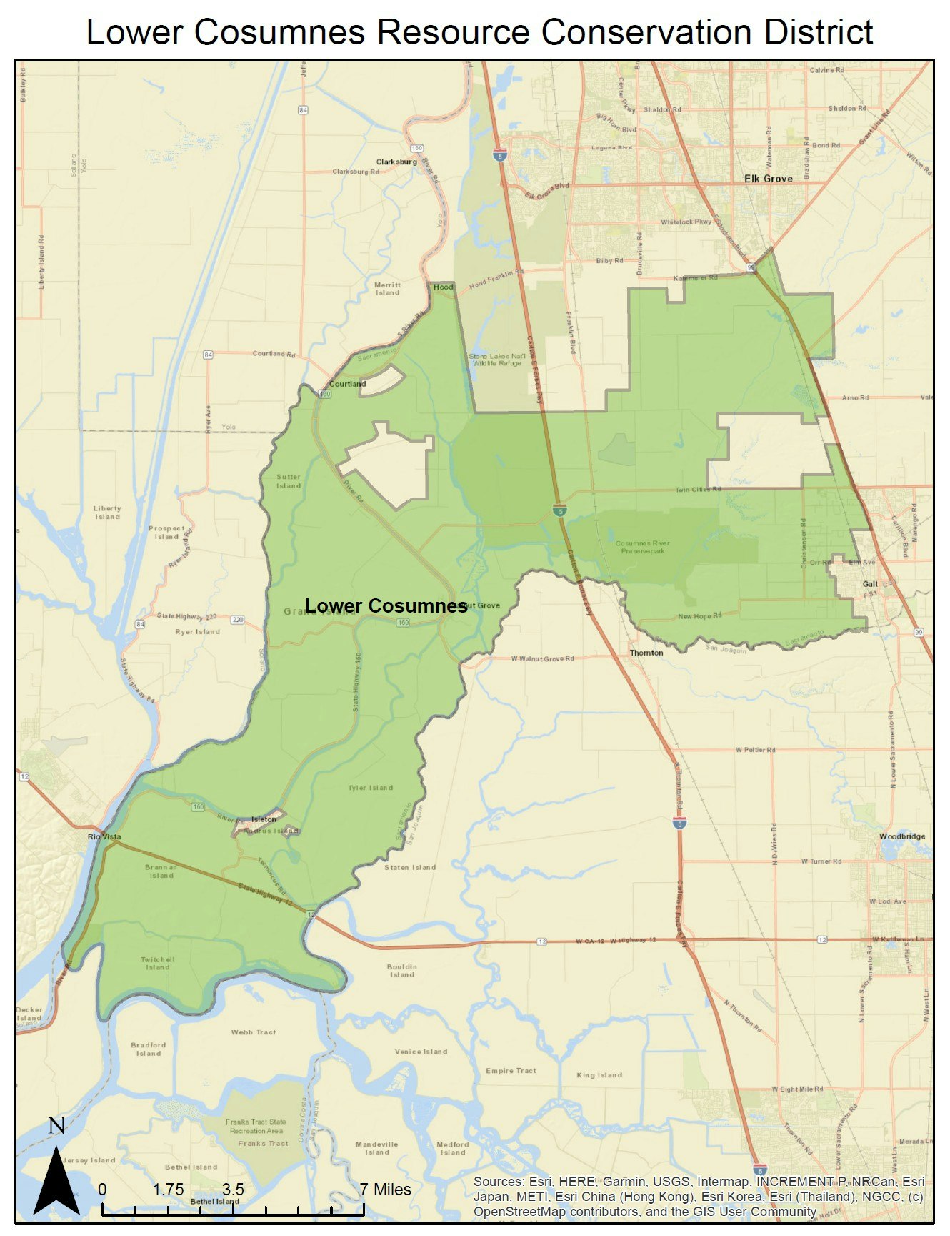 Map of Lower Cosumnes Resource Conservation District jurisdiction, highlighting major roads.
