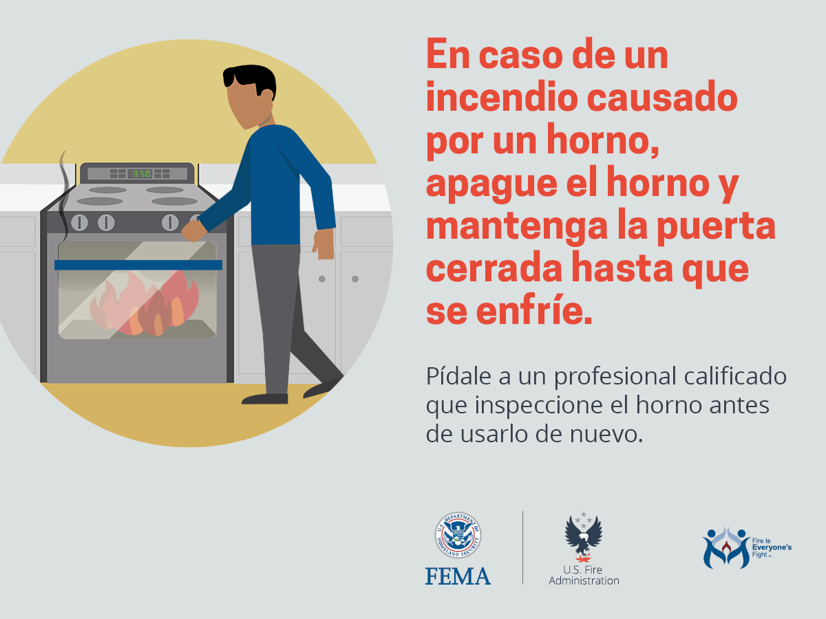 A safety graphic showing a person looking at an oven fire, with Spanish text advising to turn off the oven and keep it closed.