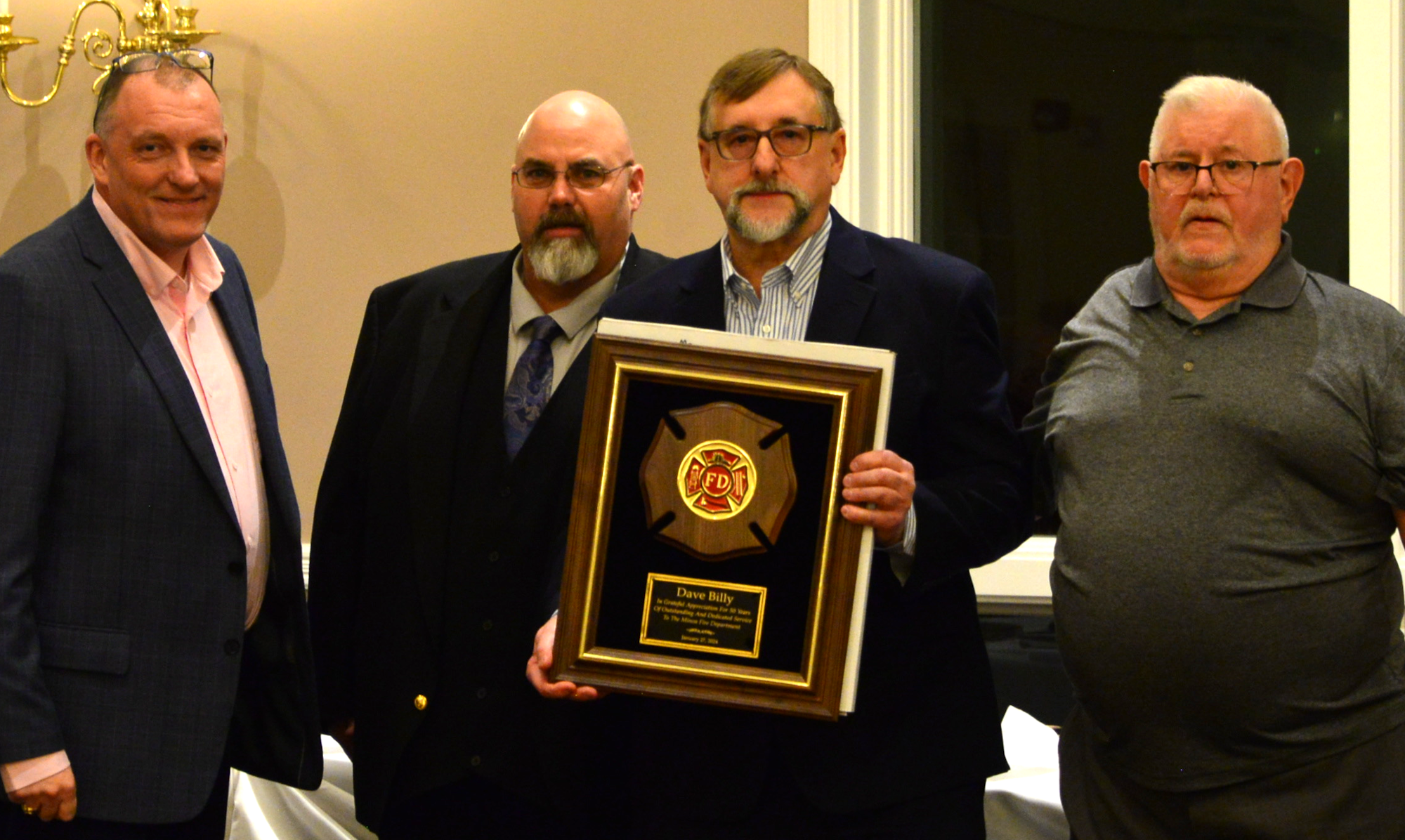 Dave Billy, 50-year Award, presented by John Jarmacz (right).  Chief Grevelding and President Decker on left