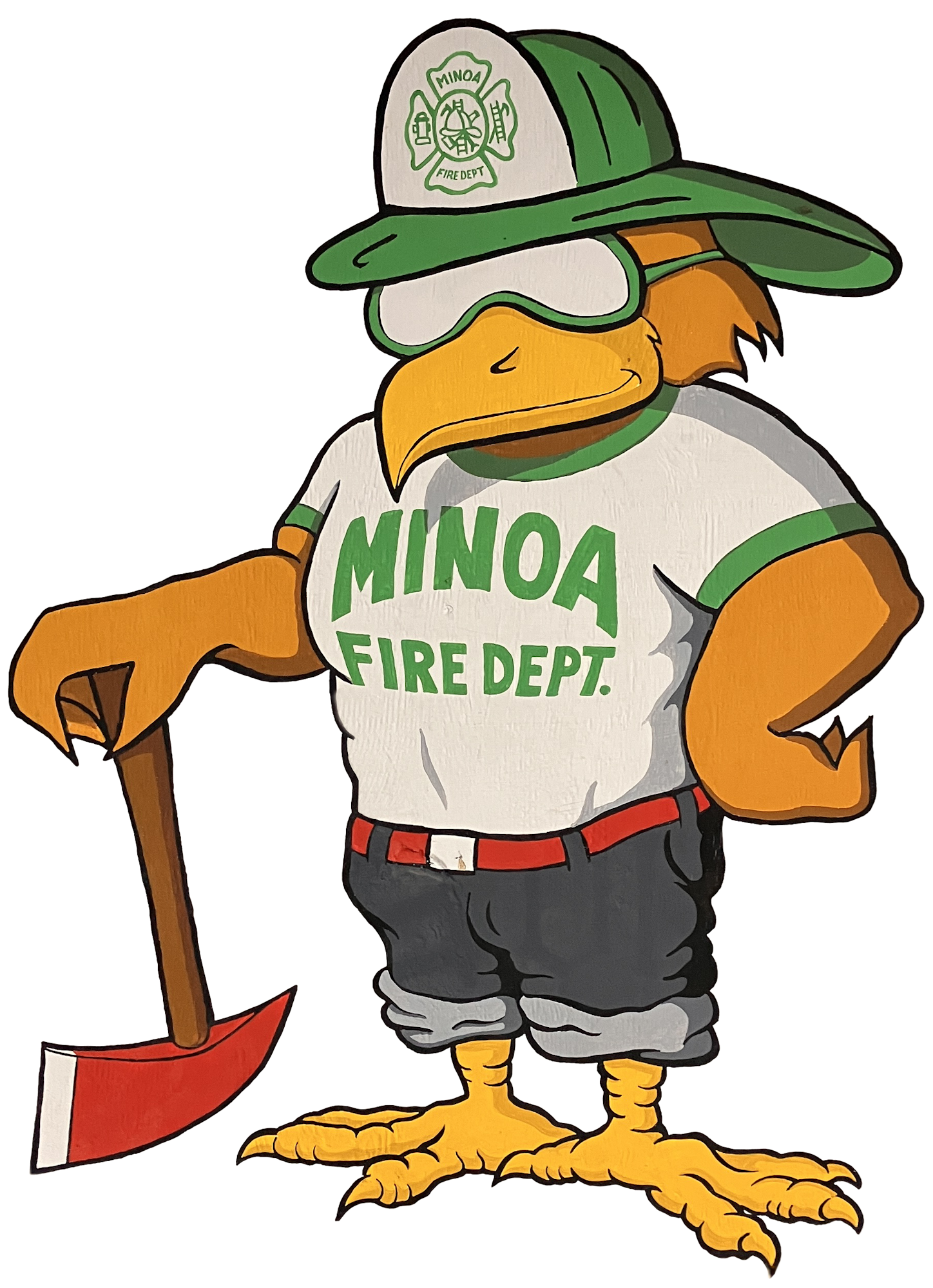 A cartoon bird mascot wearing a fire department shirt and hat, holding an ax, representing the Minoa Fire Department.