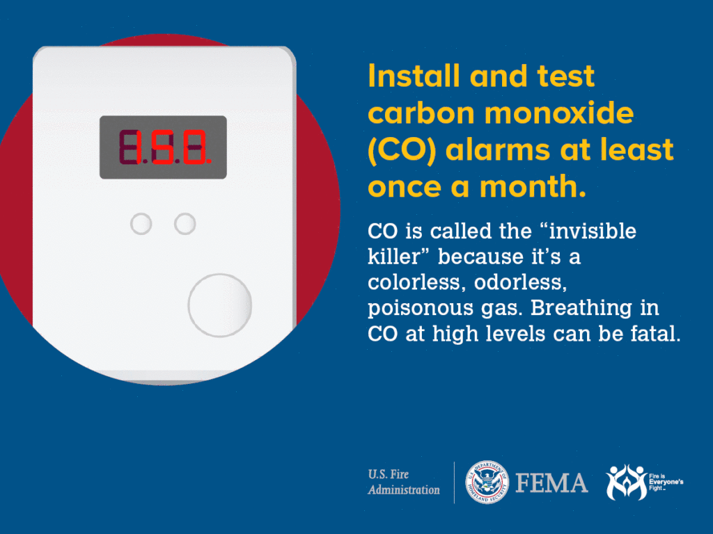 A graphic promotes monthly testing of carbon monoxide alarms, warning about the dangers of CO.