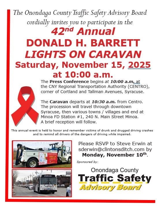 Invitation to the 42nd Annual Lights On Caravan in Syracuse on Nov 15, 2025, at 10 AM, honoring victims of impaired driving.