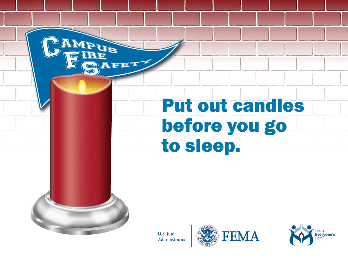 A fire safety poster with a lit candle and message: 'Put out candles before you go to sleep.' Logos of DHS, FEMA, and fire prevention at the bottom.