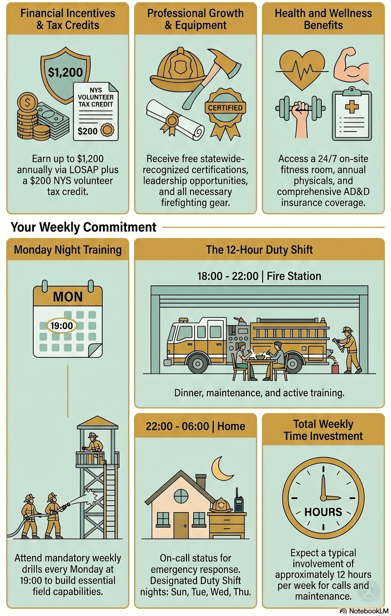 The image outlines benefits and commitments for volunteer firefighters, including training, financial incentives, and wellness support.