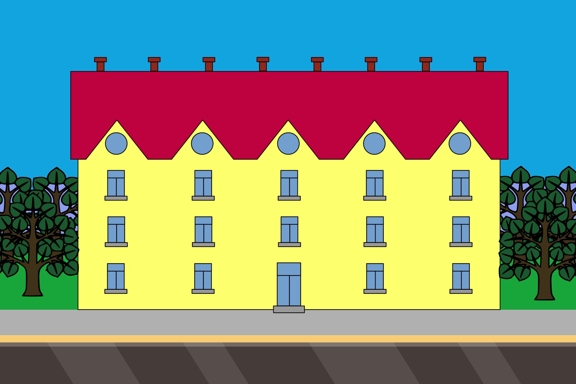 A colorful, cartoon-style building with a red roof, yellow walls, and several windows, surrounded by trees against a bright blue sky.