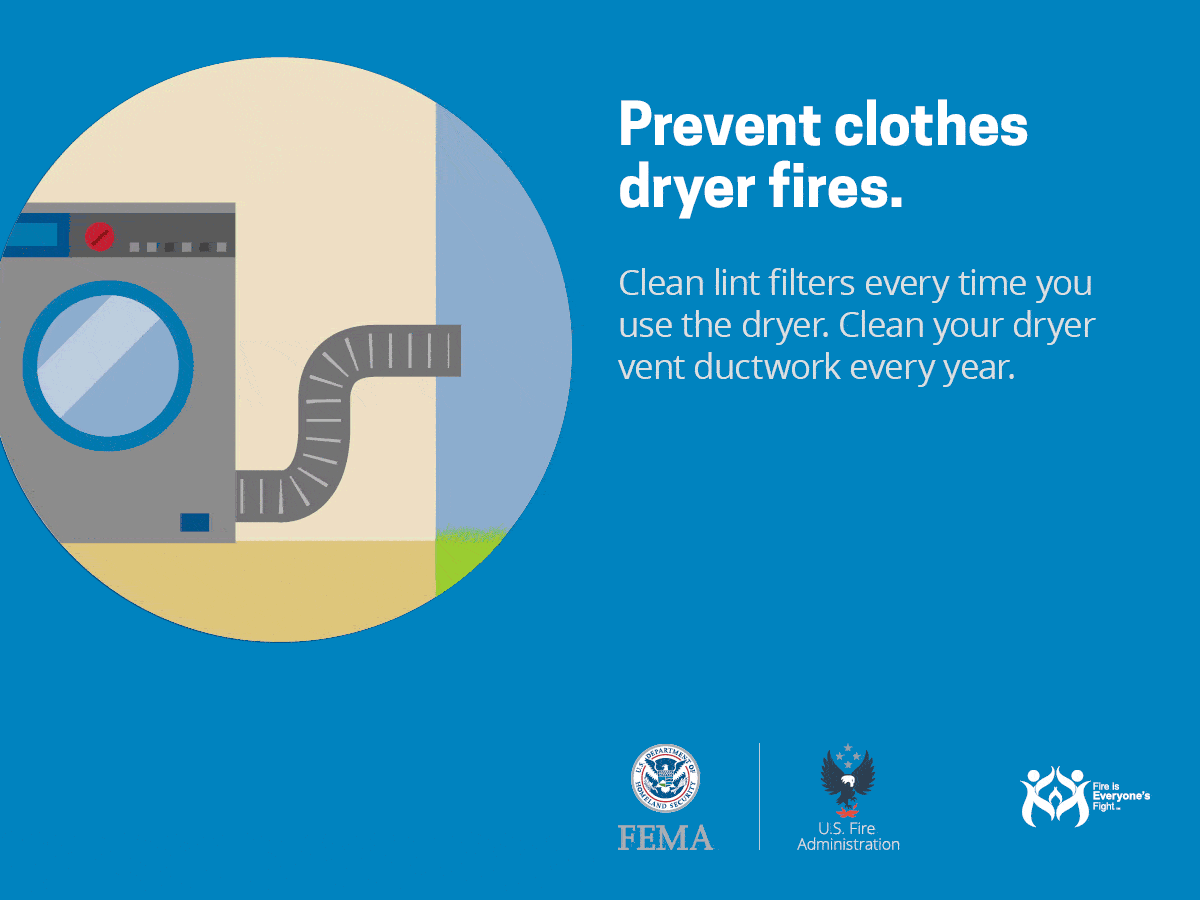 Public service ad on preventing dryer fires by cleaning lint filters and yearly vent ductwork, with logos of FEMA and US Fire Administration.