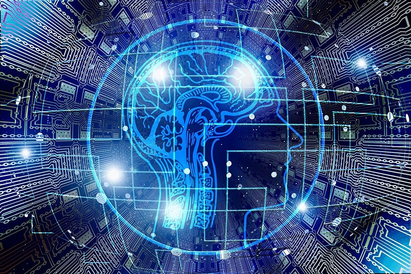 A digital brain within a circuit board, symbolizing artificial intelligence and technology integration.
