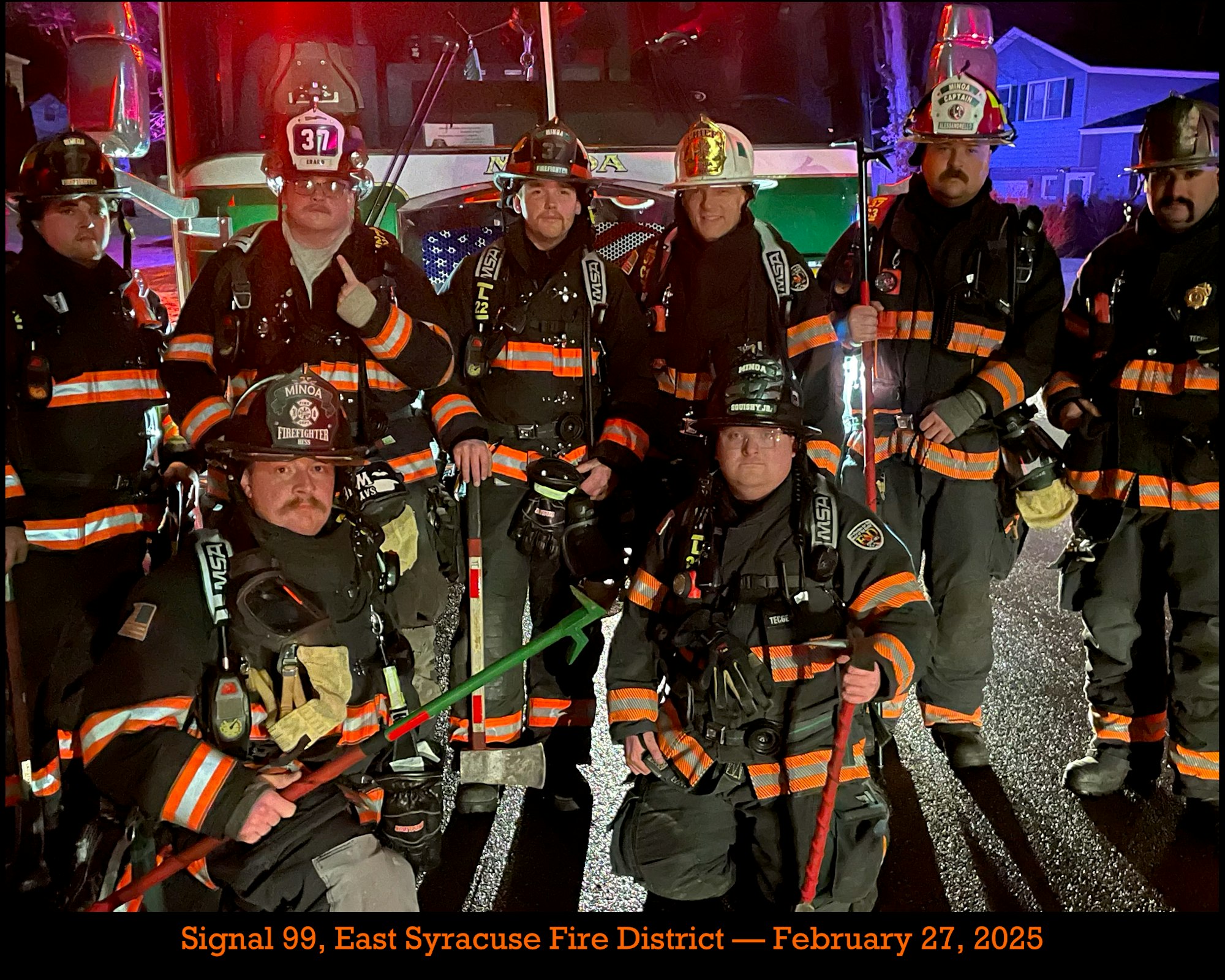 Firefighters in gear posing in front of a fire truck; text reads "Signal 99, East Syracuse Fire District — February 27, 2025".