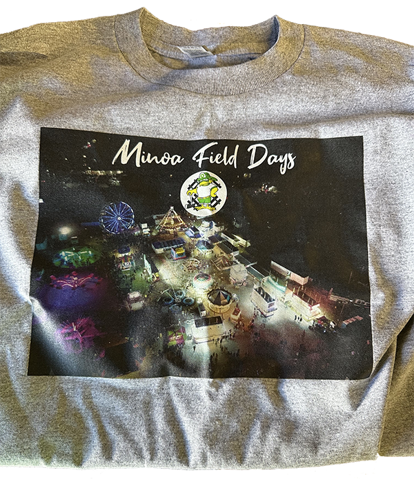 Gray t-shirt with "Minoa Field Days" text and aerial photo of a fairground with rides.