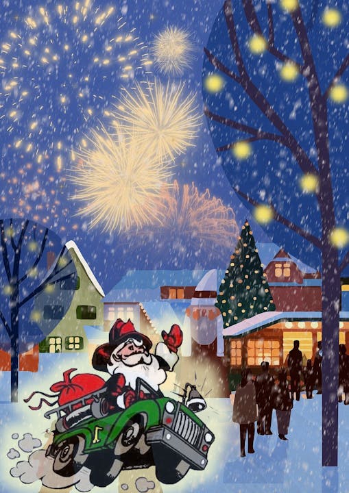A festive winter scene featuring a cartoon Santa driving a green jeep, fireworks in the background, and snow-covered houses.