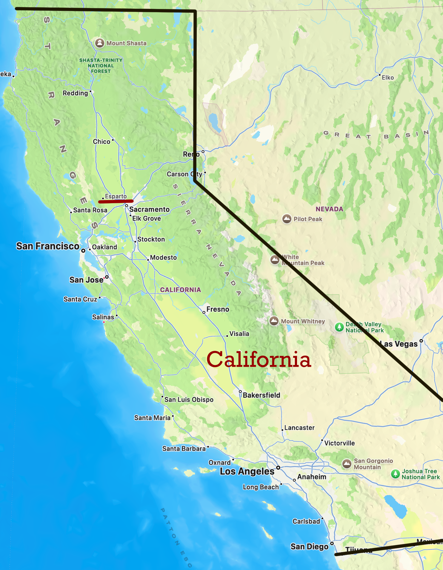 Map of California showing cities, geographical features, and state borders. Esparto is just northwest of Sacramento in northern California.