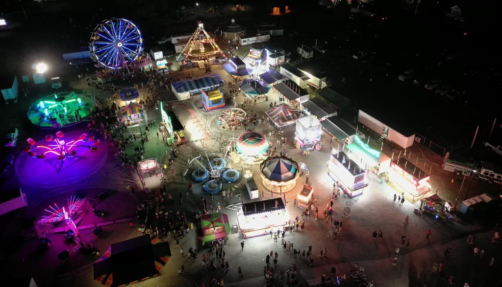 An aerial view of the Field Days at night, from the perspective of a drone