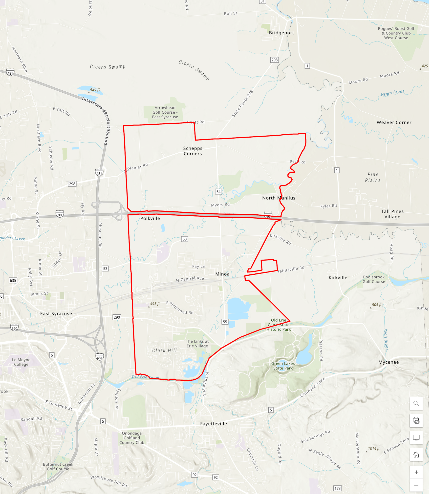 A map showing a red outlined area depicting the fire response area of the Minoa Fire Department, covering parts of East Syracuse, including Minoa, Bridgeport, and other nearby locations.