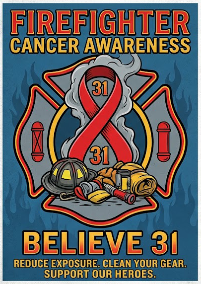 A poster promoting firefighter cancer awareness with the slogan "Believe 31," encouraging gear cleanliness and reducing exposure.