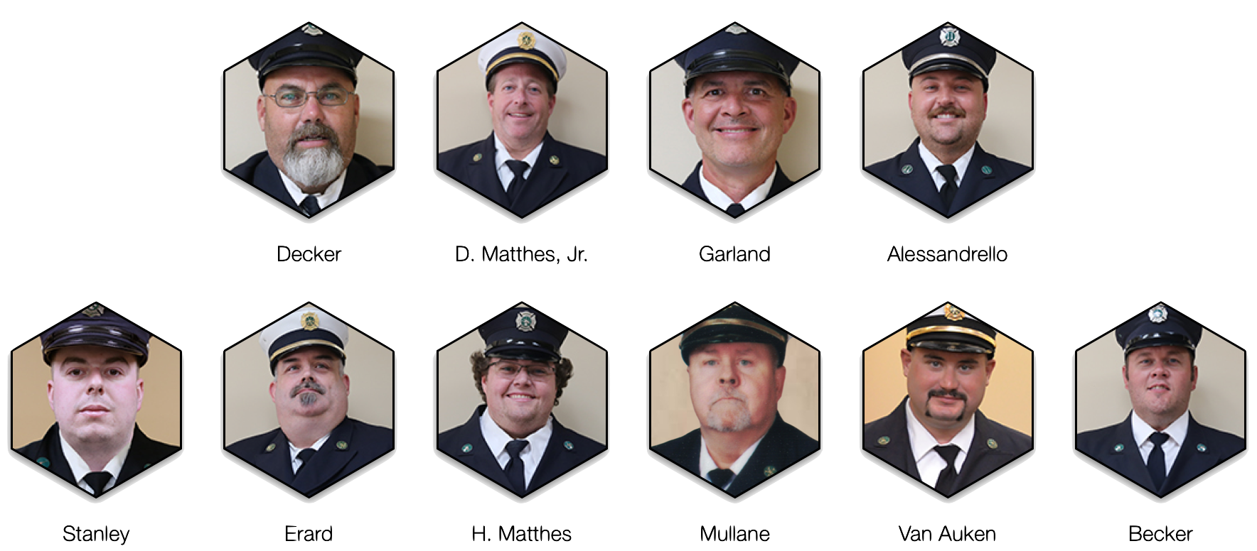 The image features headshots of ten individuals in uniform, each identified by name, officers and board members of the Minoa Fire department, Inc.