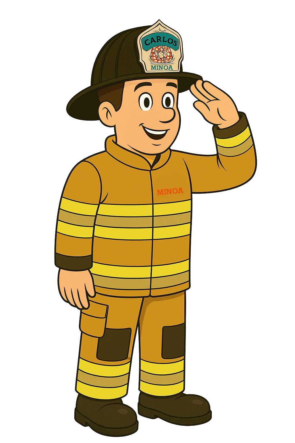 Cartoon firefighter (Carlos) in uniform, smiling and saluting.