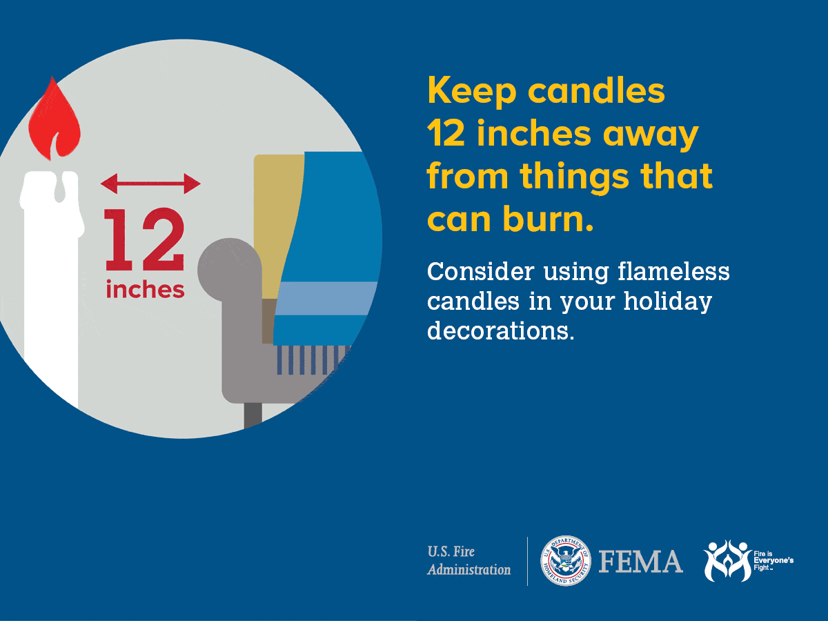 A fire safety message advising to keep candles 12 inches away from flammable objects and consider flameless candles.