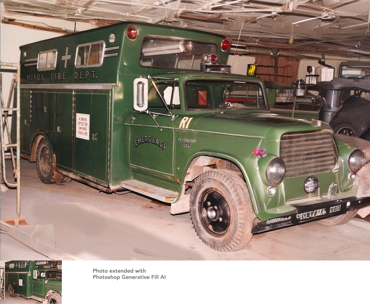 Vintage green emergency vehicle labeled "MINOA FIRE DEPT." in a garage.