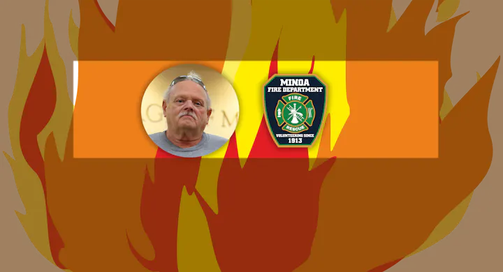 The image features a person surrounded by fire-themed graphics, along with the Minoa Fire Department badge.