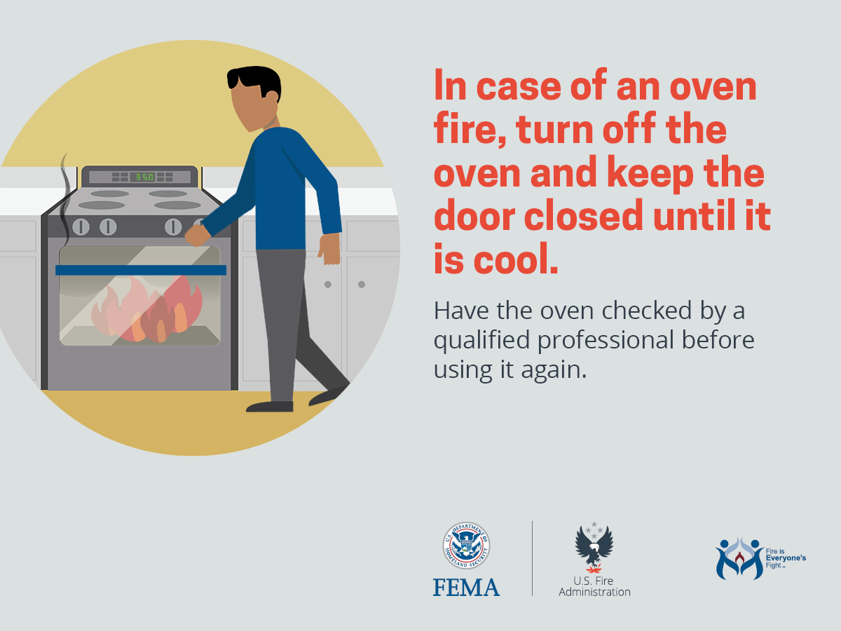 Graphic with safety instructions for an oven fire: turn it off and keep the door closed.