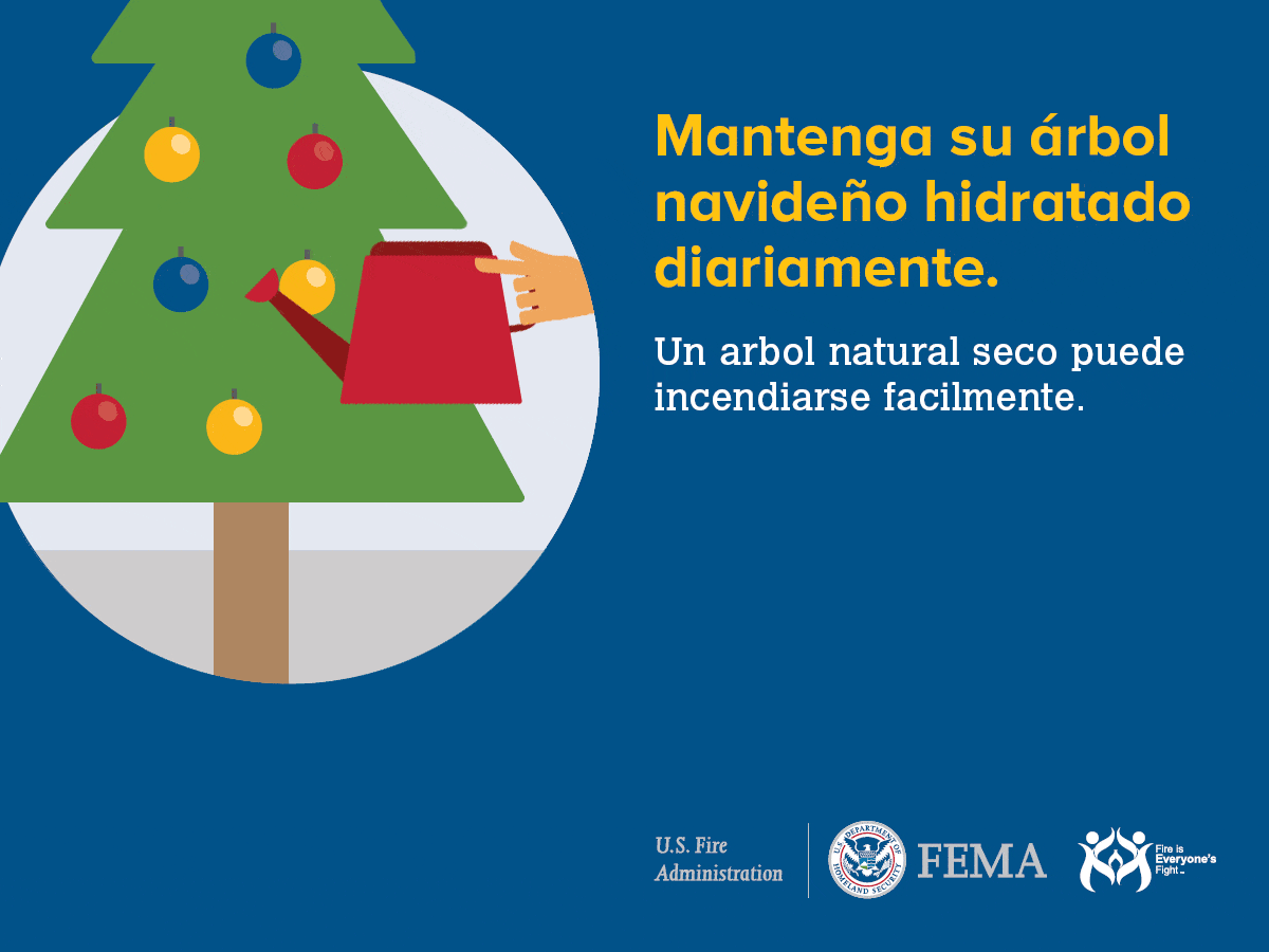 Graphic of a hand watering a decorated Christmas tree, with Spanish text on fire safety by FEMA.