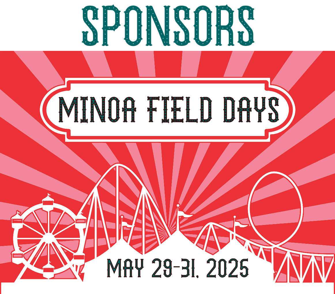 Sponsors of Minoa Field Days event poster with a red and white theme, featuring carnival rides, scheduled for May 29-31, 2025.