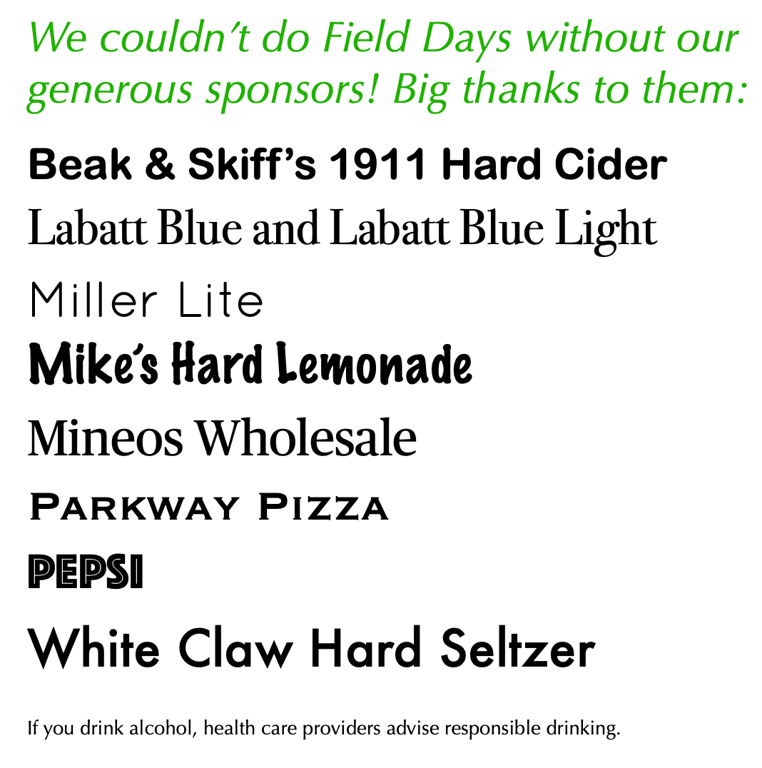Sponsors list for Field Days, including beverages like Miller Lite, Pepsi, and Parkway Pizza.