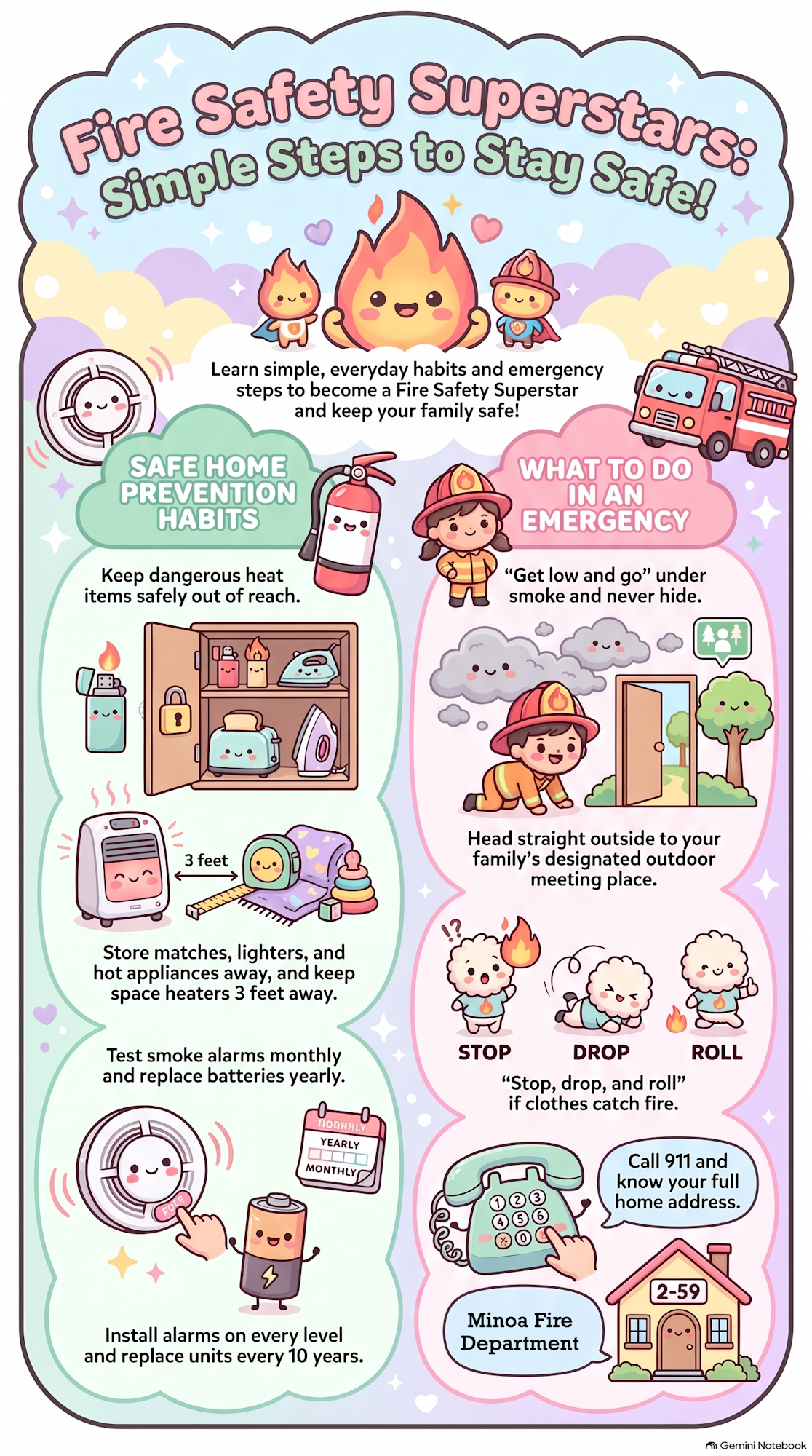 A colorful infographic on fire safety with tips for prevention, emergency steps, and reminders for testing smoke alarms and contacting help. See full text below.