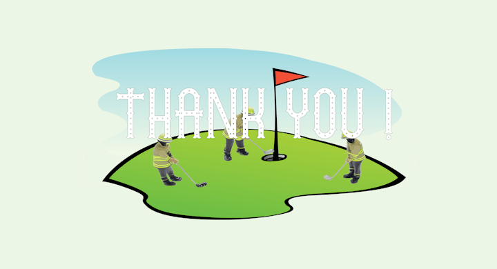 Illustration of three firefighters playing golf on a green shaped like a speech bubble with "THANK YOU!" text.