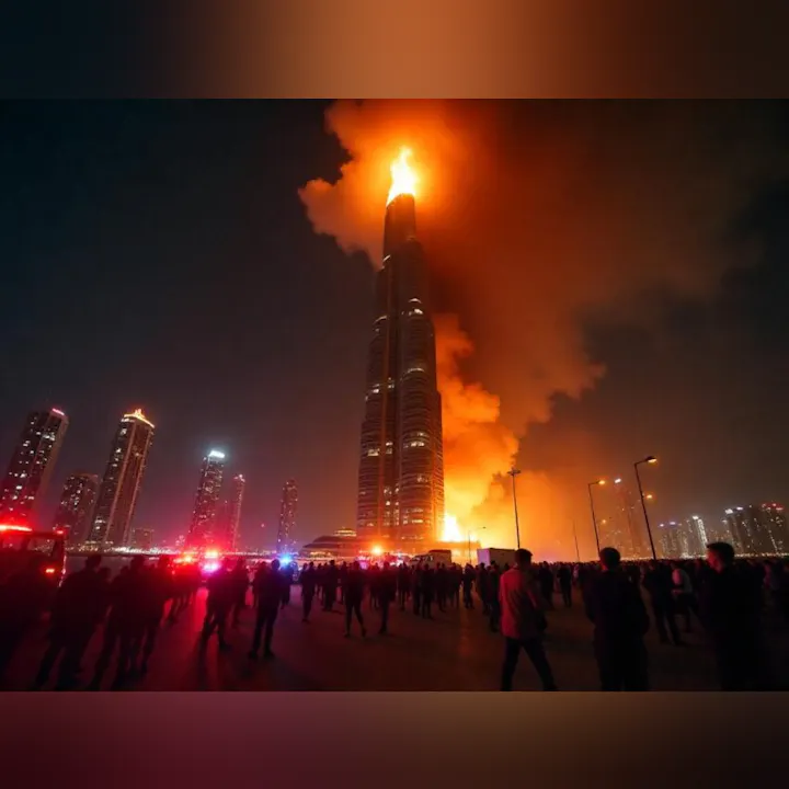 A skyscraper engulfed in flames at night, surrounded by onlookers and emergency vehicles.