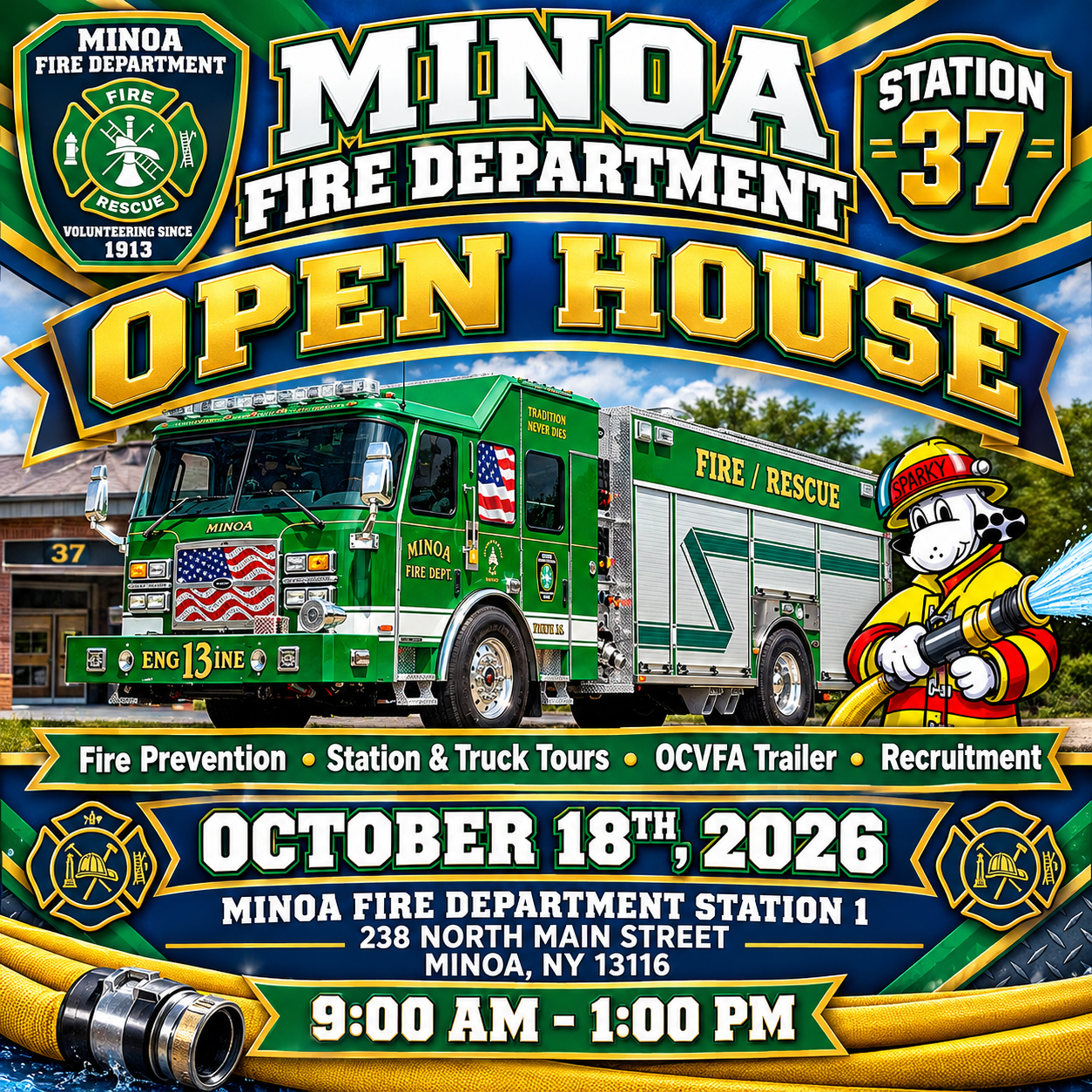 Minoa Fire Department Open House on October 18, 2026, from 9 AM to 1 PM. Activities include fire prevention, tours, and recruitment.