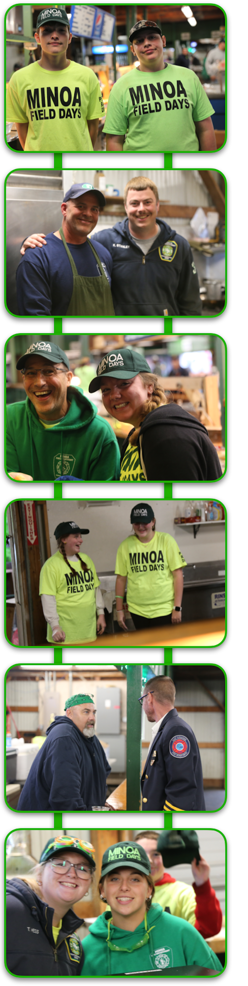 Fire images of pairs of people wearing "Minoa Field Days" shirts, posing and interacting in a festive, indoor setting.