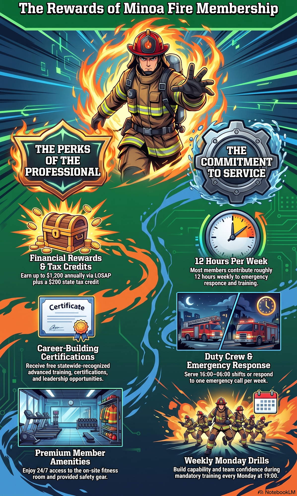 The image outlines Minoa Fire Membership benefits: financial rewards, certifications, fitness amenities, and weekly training.