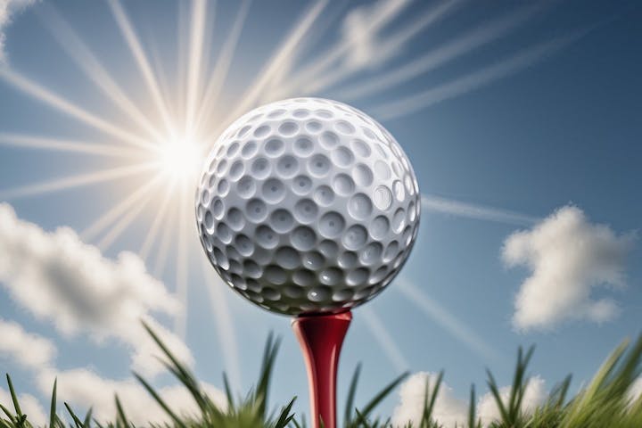 Golf ball on a tee against a sunny sky.