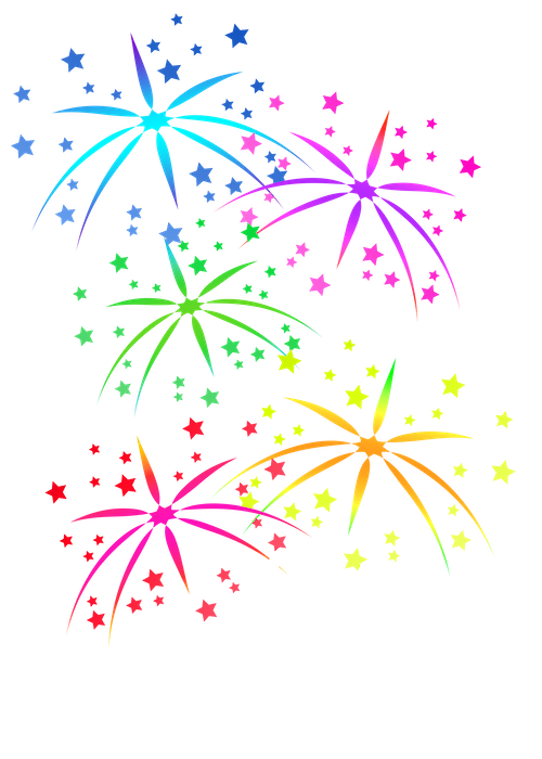 Colorful starbursts and stars on a black background, resembling fireworks in various colors like blue, pink, green, yellow, and white.