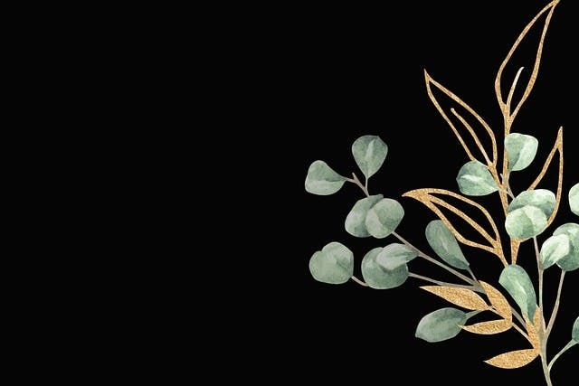 Minimalist design with green leaves and gold branches on a black background, positioned on the right side.