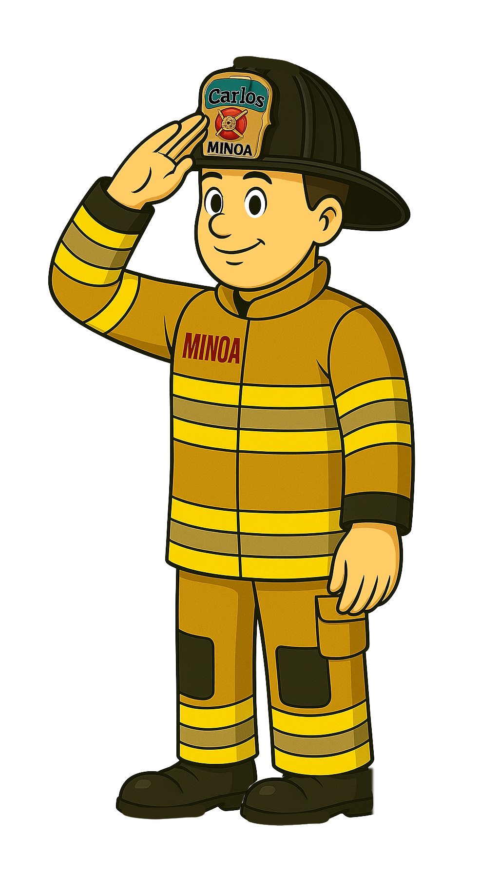 Illustration of the mascot firefighter, carlos, in uniform saluting, with "Minoa" written on the suit and "Carlos" on the helmet.