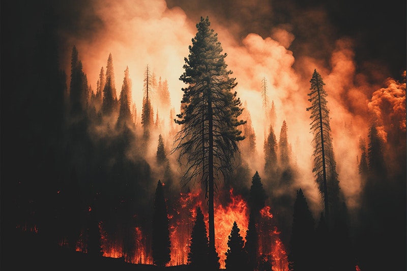 A forest ablaze, with tall trees silhouetted against intense orange flames and thick smoke.