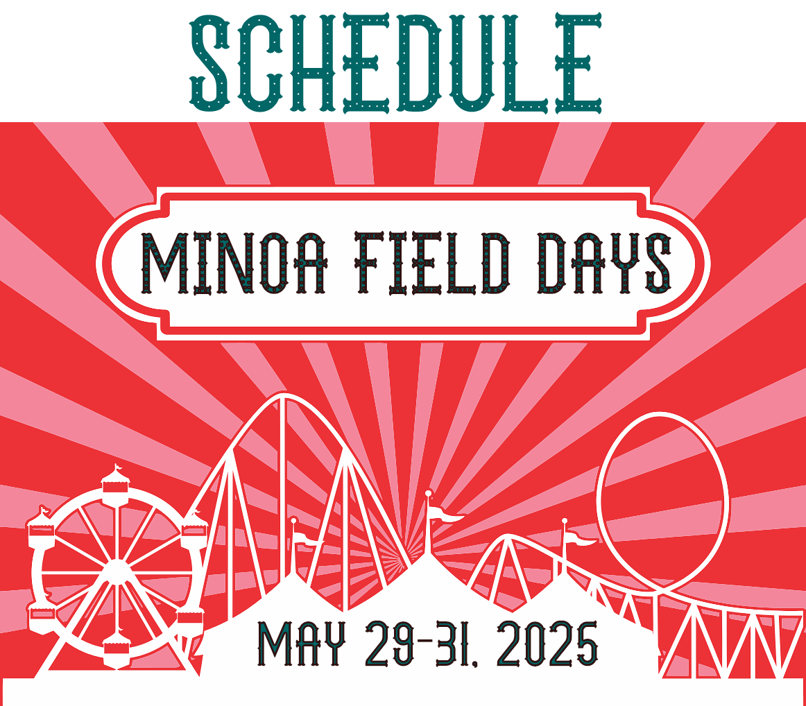 Red and white festival poster for "Minoa Field Days," featuring rides, May 29-31, 2025.