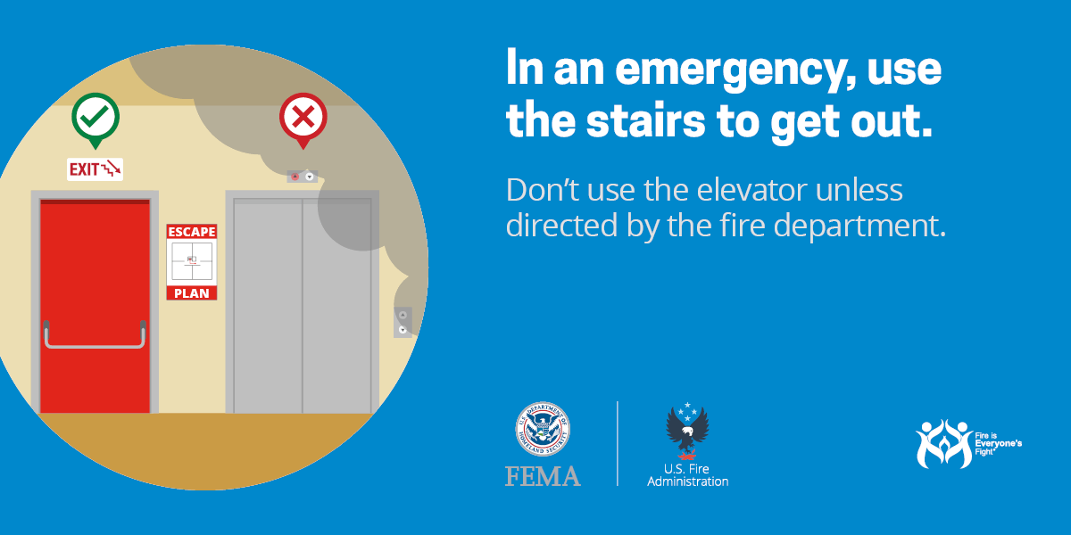 Safety poster advising to use stairs, not elevators, in emergencies, issued by FEMA and U.S. Fire Administration.