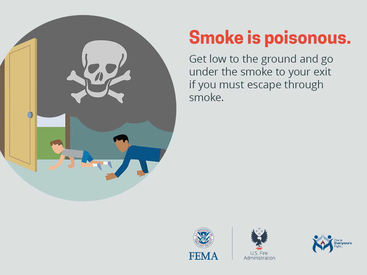 Illustration of people crawling under smoke, with a message: "Smoke is poisonous. Get low to escape through smoke."