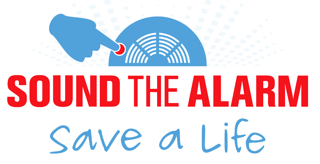 A logo urging people to activate alarms as a lifesaving measure, featuring a hand pressing a button on a sound device.