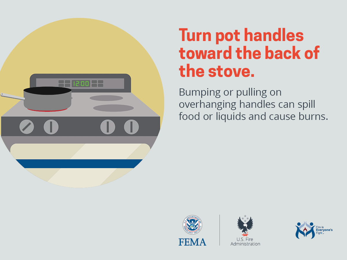 Graphic advising to keep pot handles turned in to prevent spills and burns.