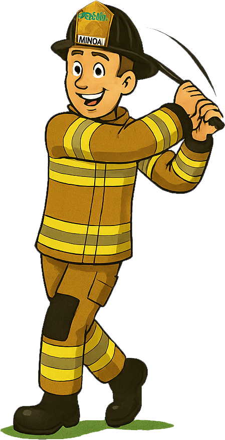 Cartoon firefighter smiling and holding a golf club, wearing a yellow uniform and helmet.