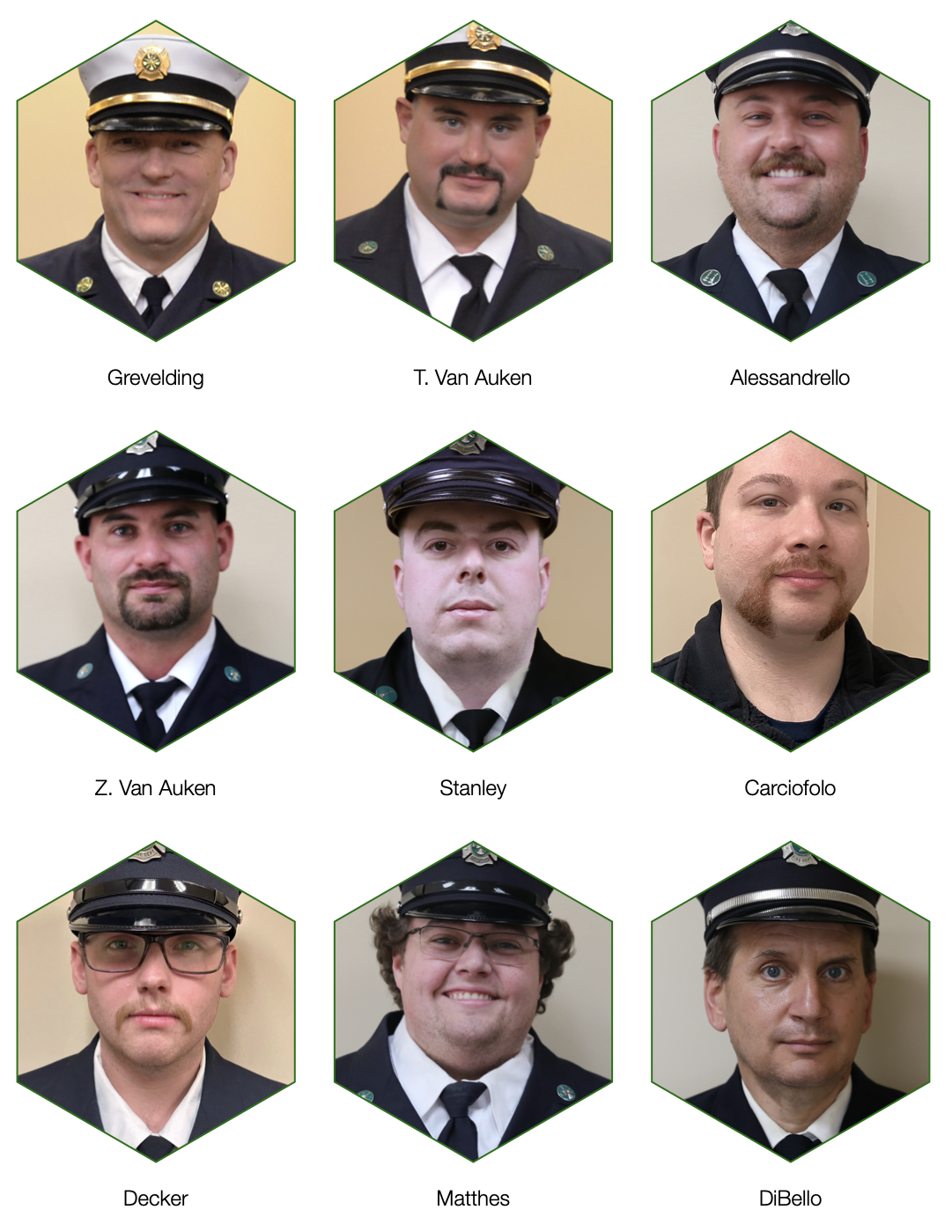 The image features a grid of nine portraits of individuals wearing uniforms and hats, likely representing members of a fire department or similar organization.